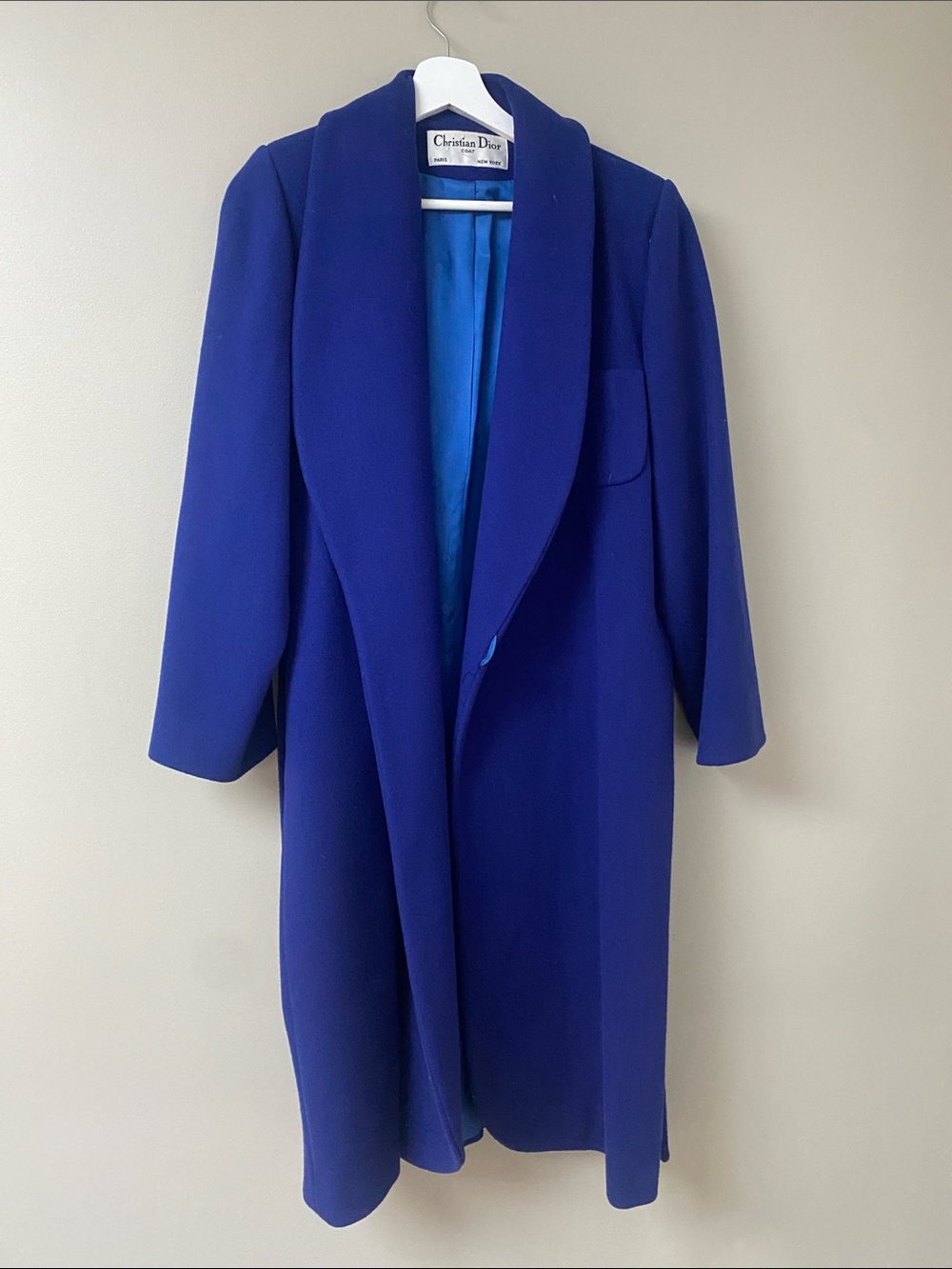 Vintage Christian Dior Cobalt Blue Wool Shawl-Collar long Open Coat
